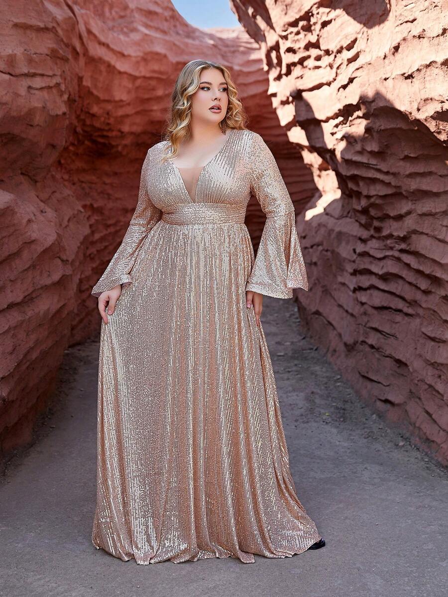 女士加大尺碼v領金色扇形袖晚裝 - 金色 - 查看 1