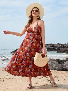 SHEIN VCAY Đầm dài cạp cao in họa tiết nhiệt đới màu đỏ cho ngày lễ bãi biển cỡ lớn có dây đeo có thể điều chỉnh - Nhiều màu - Xem 4