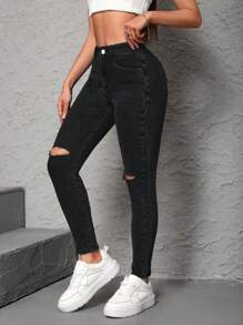 SHEIN PETITE 女式純色仿舊牛仔褲 - 黑色 - 查看 3