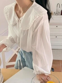 DAZY Của phụ nữ Đứng cổ áo Áo sơ mi Với Lá sen tỉa - trắng - Xem 6