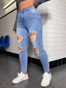 SHEIN ICON Plus Ripped Skinny Jeans Ripped Jeans - Medium Wash - View 2