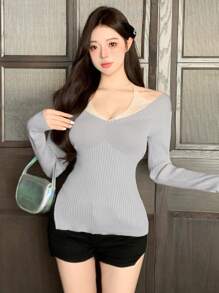 DAZY Áo len dài tay chắp vá ôm sát dành cho nữ, Quần áo mùa thu - Màu xanh nhạt - Xem 3