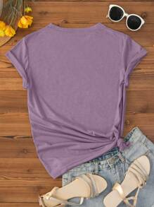 INAWLY Plus Size Cartoon Printed Round Neck T-Shirt Women Graphic Tee Top For Summer - Lilac Purple - View 2