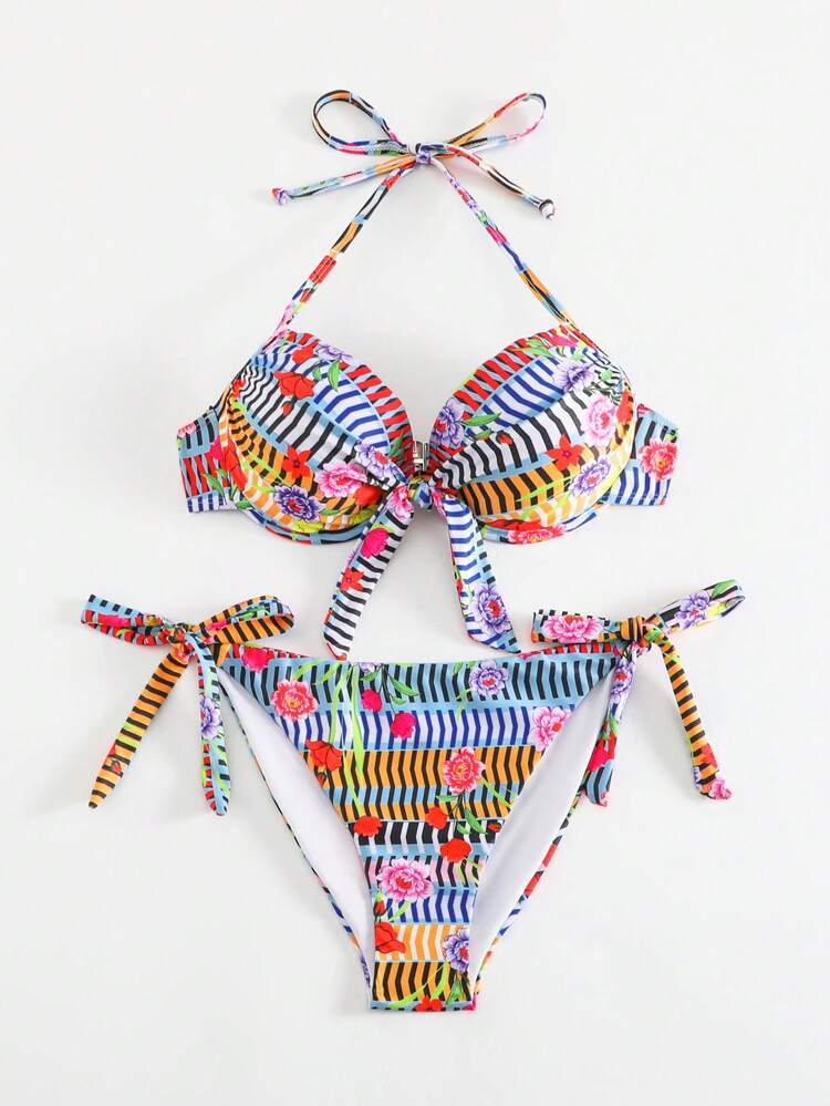 Summer Gathered Knot Front Halter Bra And Side Knot Triangle Bottom Bikini Set Carnival