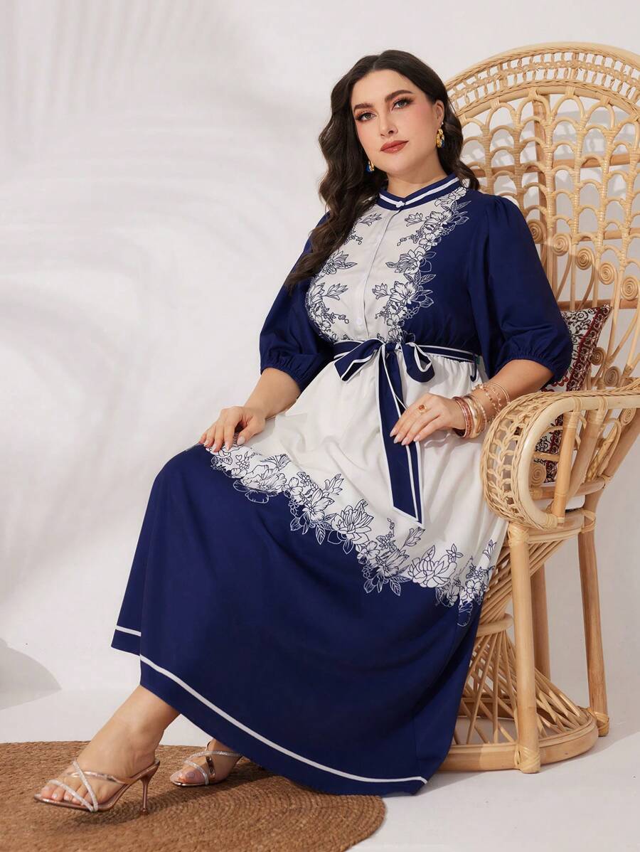 Mulvari Plus Size Women's Flower Printed Stand Collar Color Block Dress