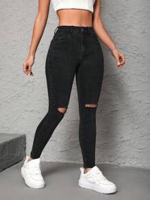 SHEIN PETITE 女式純色仿舊牛仔褲 - 黑色 - 查看 4