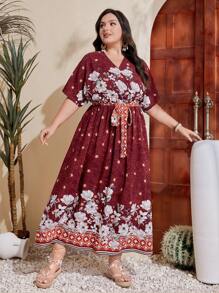 Mulvari Vestido De Talla Grande Con Estampado De Flores Y Cuello Envolvente Para Mujer