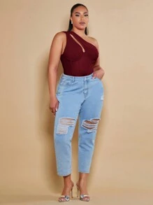 SHEIN BAE 大尺碼實色不對稱領空心網格連體衣 - 酒紅色 - 查看 5