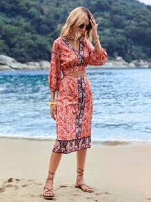 SHEIN VCAY Summer Beach Women's Floral Print Hollow Out Dress