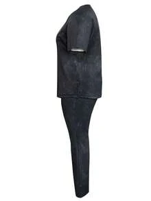 LovelyWholesale 2件套大码女式V领短袖上衣和裤子