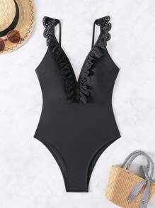 SHEIN Swim Burnt-Out Flower Decorated One-Piece Swimsuit With Ruffle Hem Summer