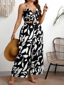 SHEIN Clasi Ensemble De 2 Pièces De Grande Taille Avec Haut De Réservoir Court Noué À L'avant Et Pantalon