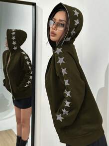 SHEIN Unity 帶鑽石星星圖案的帽衫 - 軍綠色 - 查看 3