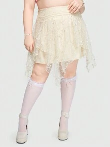 ROMWE Kawaii Vintage Embroidery Mesh Asymmetrical Hem Plus Size Women's Skirt - Apricot - View 1