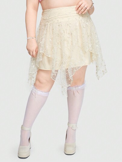 Kawaii Vintage Embroidery Mesh Asymmetrical Hem Plus Size Women's Skirt