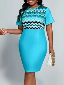 SHEIN Lady 加大尺碼女士短袖連衣裙,帶有波浪幾何圖案 - 彩色 - 查看 4