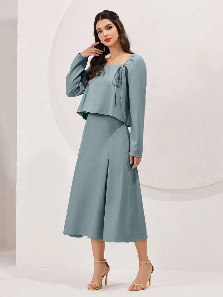 Women's Puff Sleeve Square Neck Top And Skirt Set 2 Piece Set