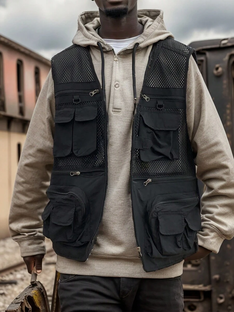 男士貨物口袋工具馬甲 - 黑色 - 查看 1