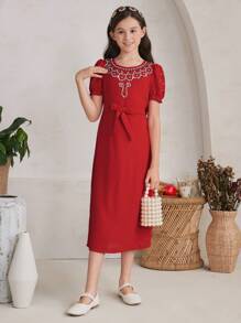 SHEIN Girls' Gorgeous Medium-Long Woven Dress - Red - View 5