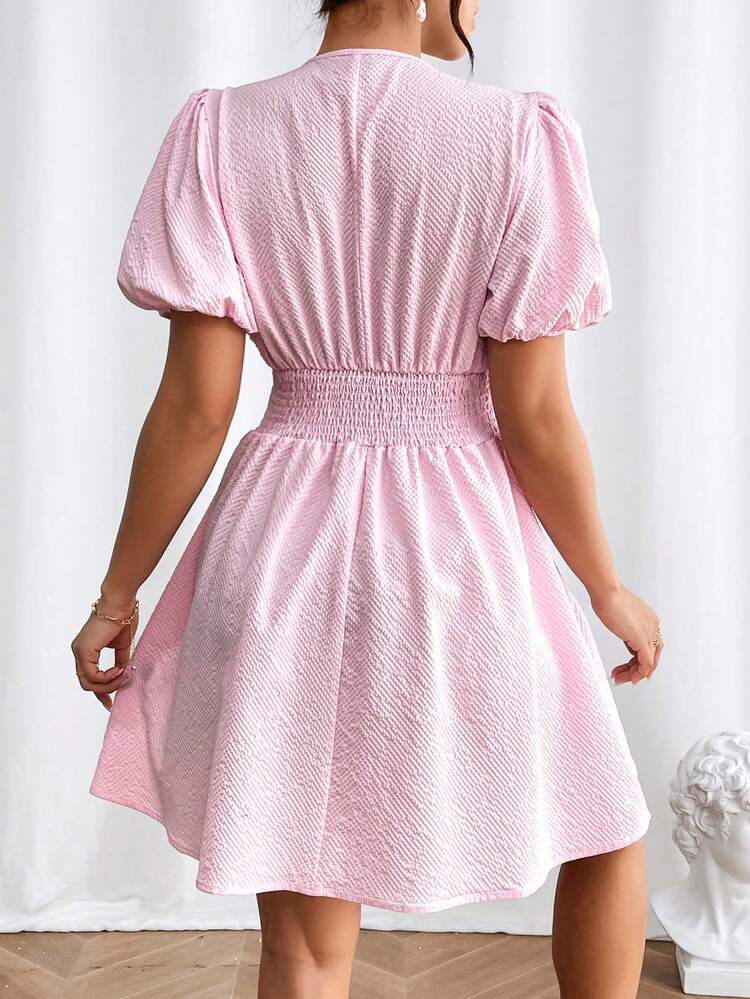 Solid Color Deep V-Neck Pleated Puff Sleeve Dress