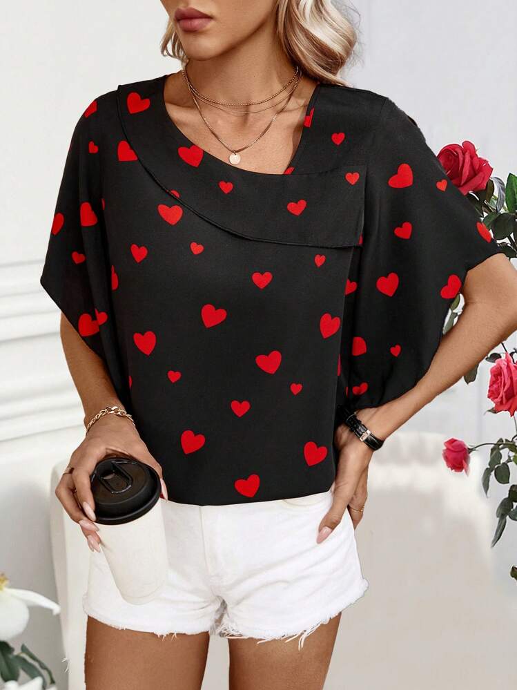 SHEIN LUNE 女士不对称领心形印花衬衫 - 黑色 - 查看 5