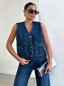EURMUSE Women's Sleeveless Denim Top With V-Neckline, Flap Pockets And Front Opening - Dark Wash - View 3