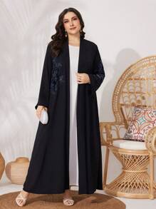 Al Najma 大尺碼女士亮片花卉圖案喇叭袖阿拉伯服裝 - 黑色 - 查看 6