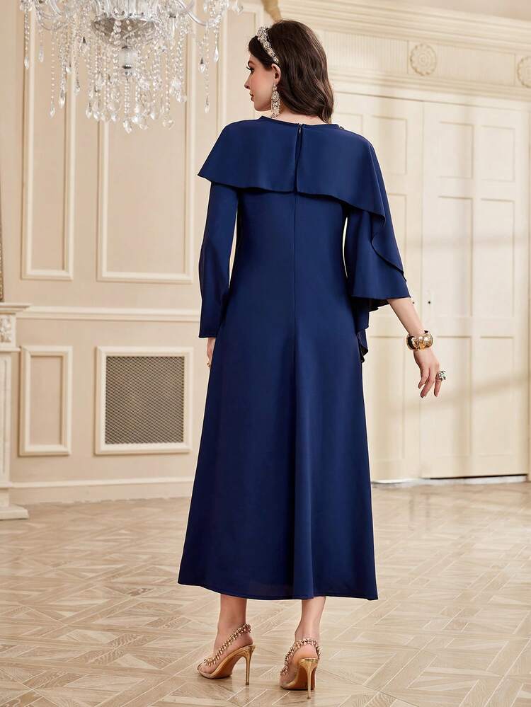 Women's Botanical Print Sparkly Rhinestone Decor Flare Sleeve Dress Long Evening Dresses