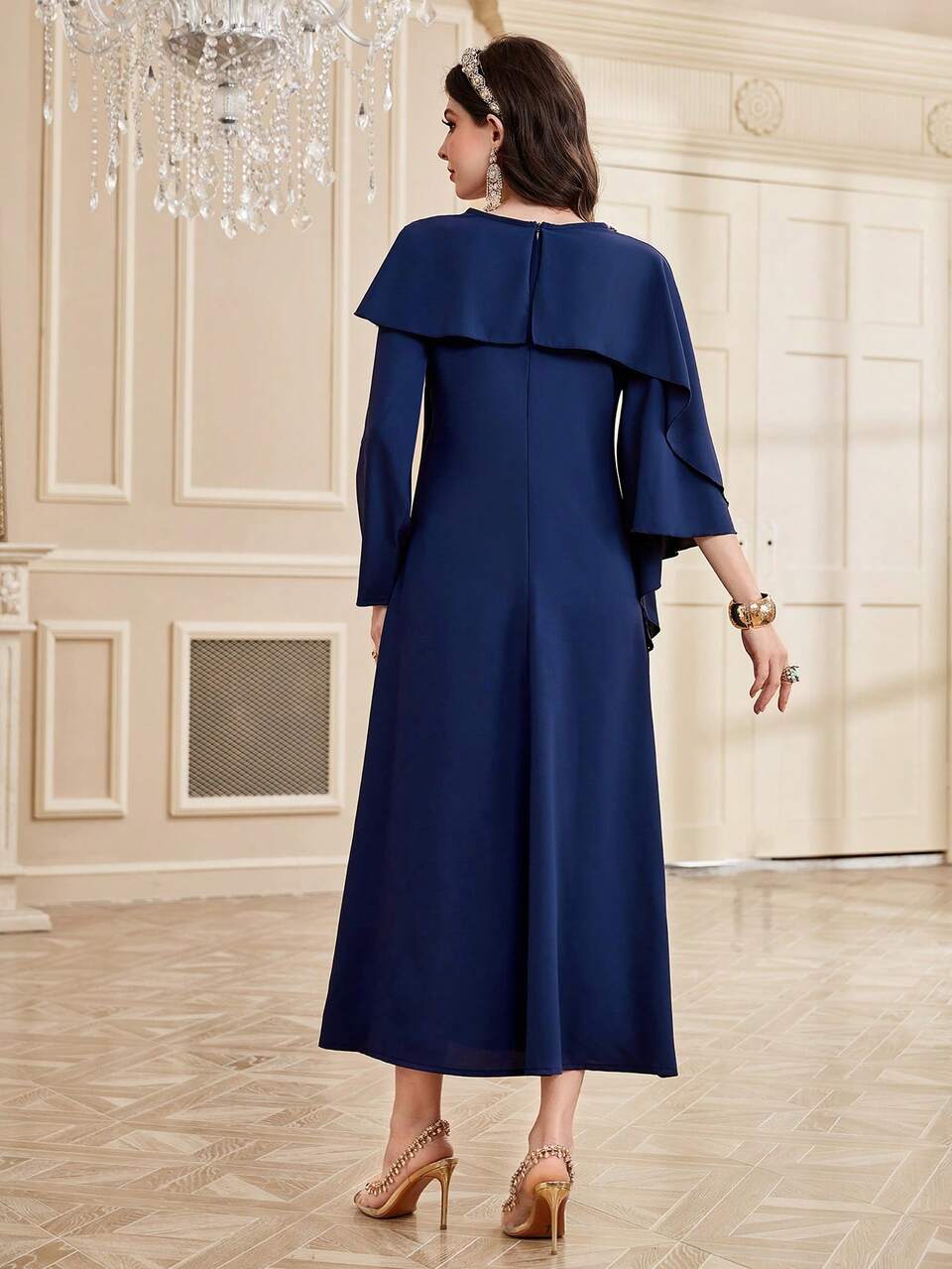 Women's Botanical Print Sparkly Rhinestone Decor Flare Sleeve Dress Long Evening Dresses