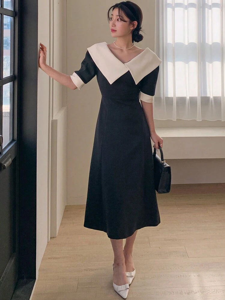 DAZY Women's Contrast Color Turn-Down Collar Short Sleeve Dress Sundress Maxi Dress - Black - View 6