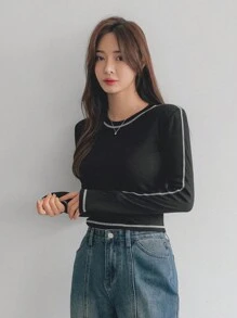 DAZY 女士拼色長袖t恤 - 黑色 - 查看 4