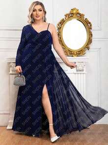 One Shoulder Long Sleeve High Slit Mother Of The Bride Dress - Navy Blue - View 3