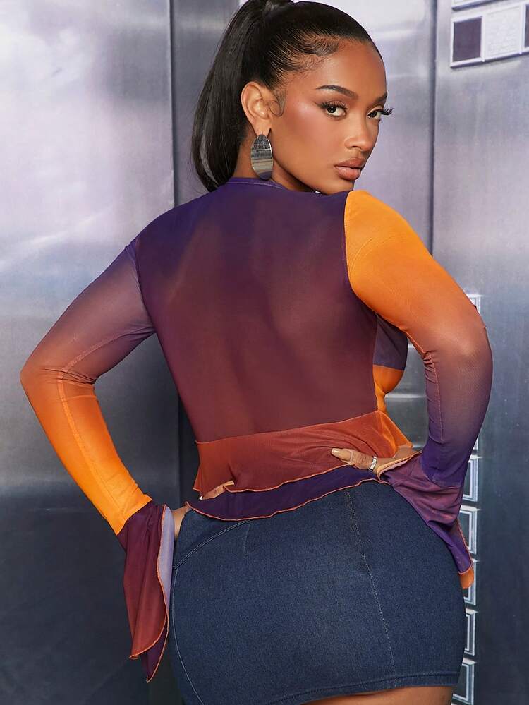 Sexy Mesh Tie Front Flare Sleeve Ombre Top