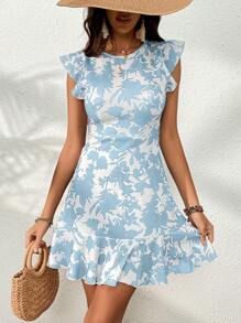 SHEIN VCAY 女士花卉印花迷你盖袖夏季连衣裙