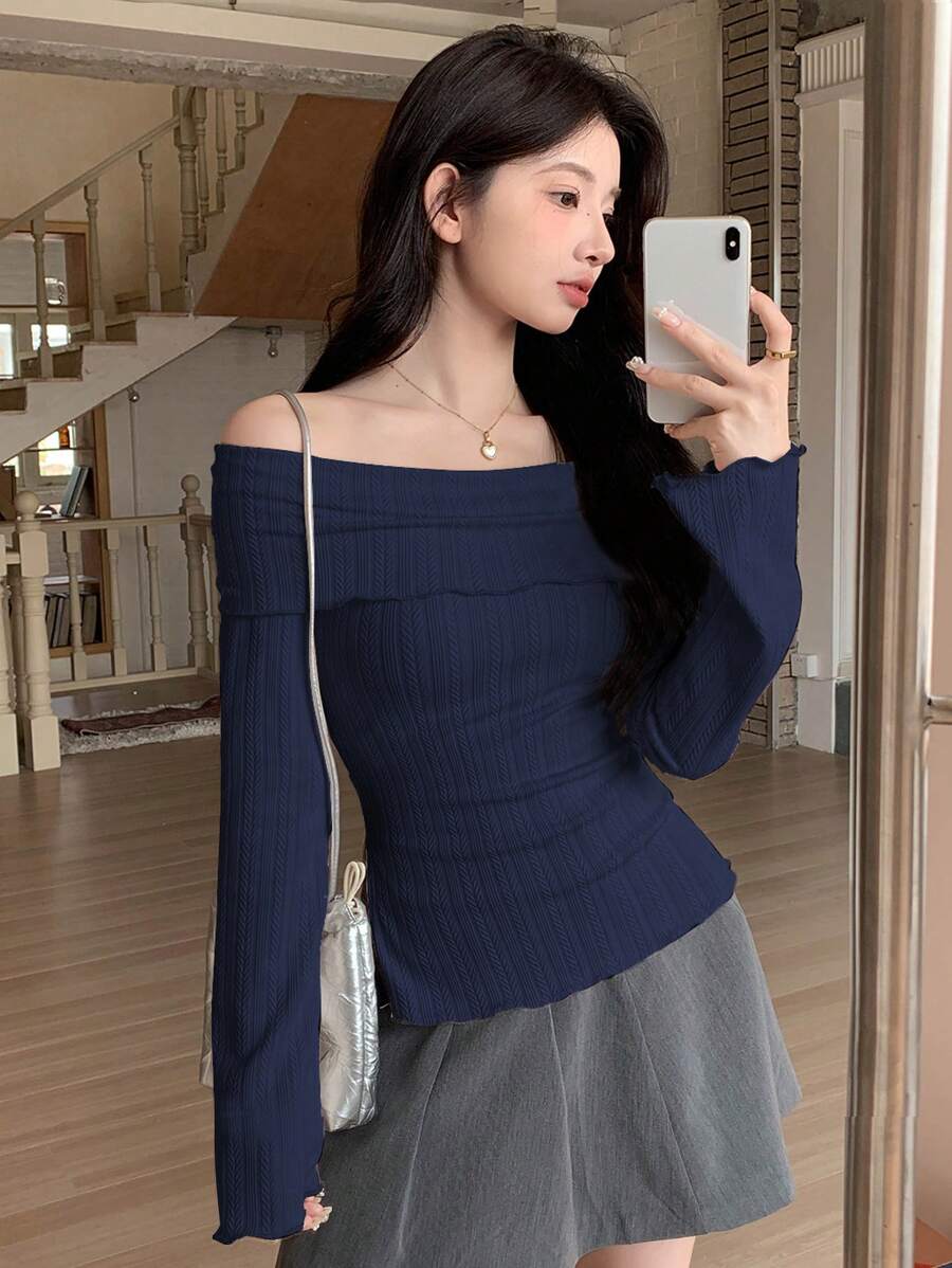 DAZY Women's Solid Color Slim Fit Off The Shoulder Long Sleeve T-Shirt, Autumn,Back To School Clothes Preppy Tops,Fall Women Clothes Off Shoulder Top - Navy Blue - View 1