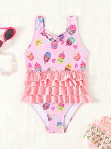 Young Girl's Layered Ruffle One-Piece Swimsuit With Cupcake Print - Multicolor - View 1
