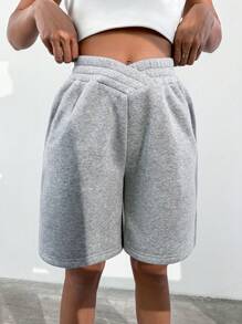 SHEIN Unity Loose-Fit Crossed High-Waist Culottes Sweat Shorts - Grey - View 1
