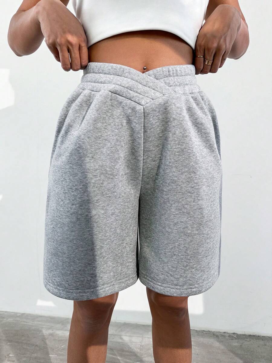 SHEIN Unity Loose-Fit Crossed High-Waist Culottes Sweat Shorts - Grey - View 1