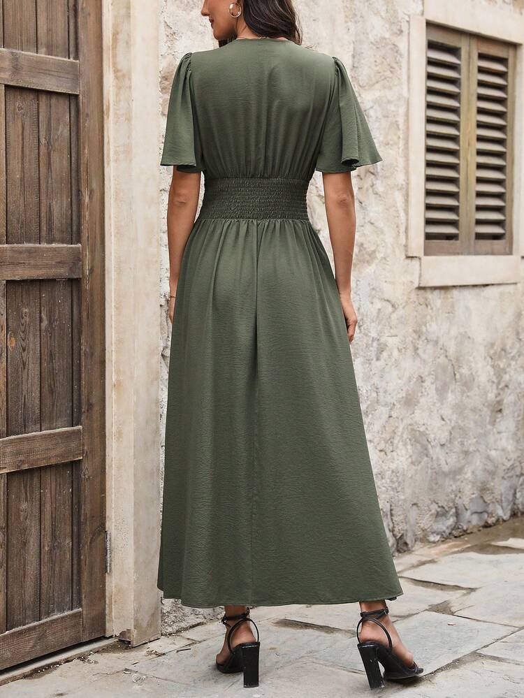 Women's Deep V-Neck Butterfly Sleeve Fitted Waist Dress