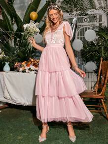 Simplee Women's Sheer Mesh Spliced Cocktail Party Dress - Pink - View 1