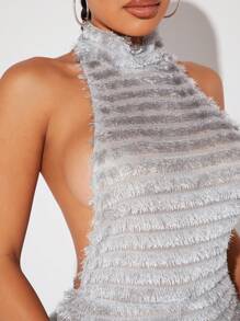 Hauture Sexy Allover Fuzzy Mock Neck Backless Halter Jumpsuit