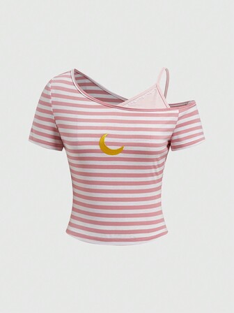 Camicetta Donna A Righe Con Manica Corta A Collo Asimmetrico E Ricamo Di Luna