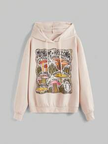 DoodlebyMeg Women's Mushroom & Letter Printed Hooded Sweatshirt With Drawstring, School - Apricot - View 1