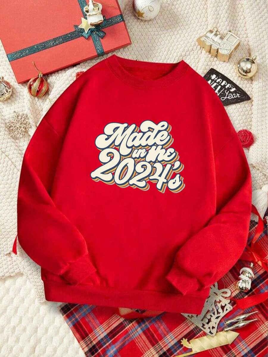 SHEIN EZwear Women's New Year Printed Fleece Sweatshirt - Red - View 1