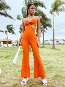 Soleia Women's Ribbed Hollow Out Strappy Jumpsuit With Cut-Out Waist - Orange - View 3