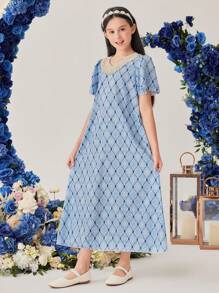 SHEIN Langes Tween-Girl-Kleid mit Fransenverzierung und V-Ausschnitt