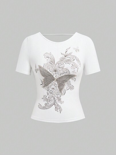 Fairycore Camiseta de mujer ajustada sin espalda sexy con estampado de vid de mariposa vintage con diamantes de imitación