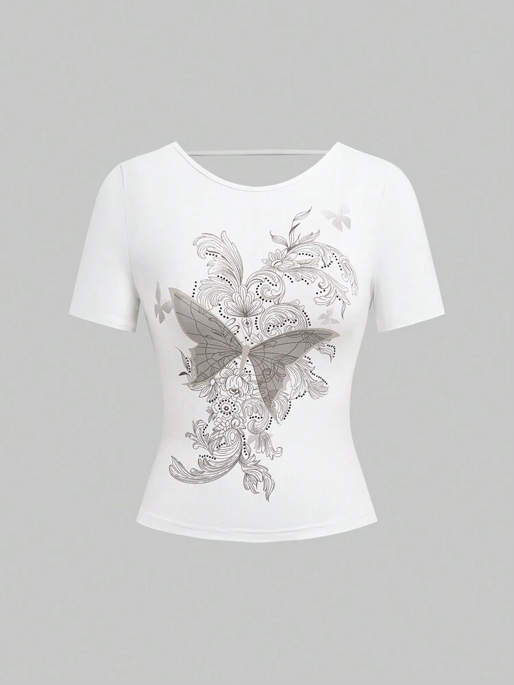 Vintage Butterfly Vine Pattern Printed Rhinestone Sexy Backless Slim Fit Women's T-Shirt