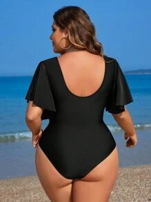 Swim Lushoire Summer Beach Plus Size Scallop Edge Decorated V-Neck Short Flare Sleeve One-Piece Swimsuit