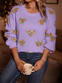 Calvaya Sweater Ukuran Plus Hati Casual - Mauve Purple - View 7